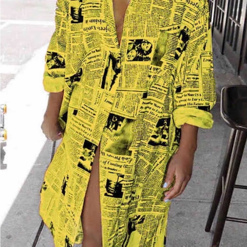 Wow Yellow Newspaper Print Shirt Dress 2X